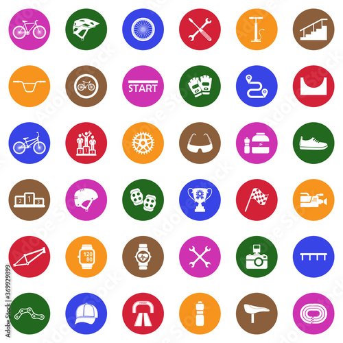 Biking Icons. White Flat Design In Circle. Vector Illustration.