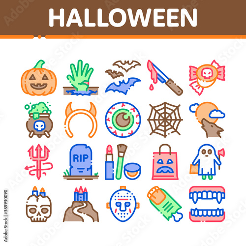 Halloween Celebration Collection Icons Set Vector. Halloween Pumpkin And Bat, Ghost And Eye, Blood Knife And Candies, Castle And Cobweb Concept Linear Pictograms. Color Contour Illustrations