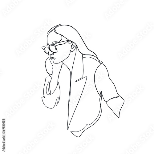 Stylish one continuous line woman in sunglasses. Fashionable typography girl in minimalist style. Beauty sign. Attractive fashion model. Summer fashion.