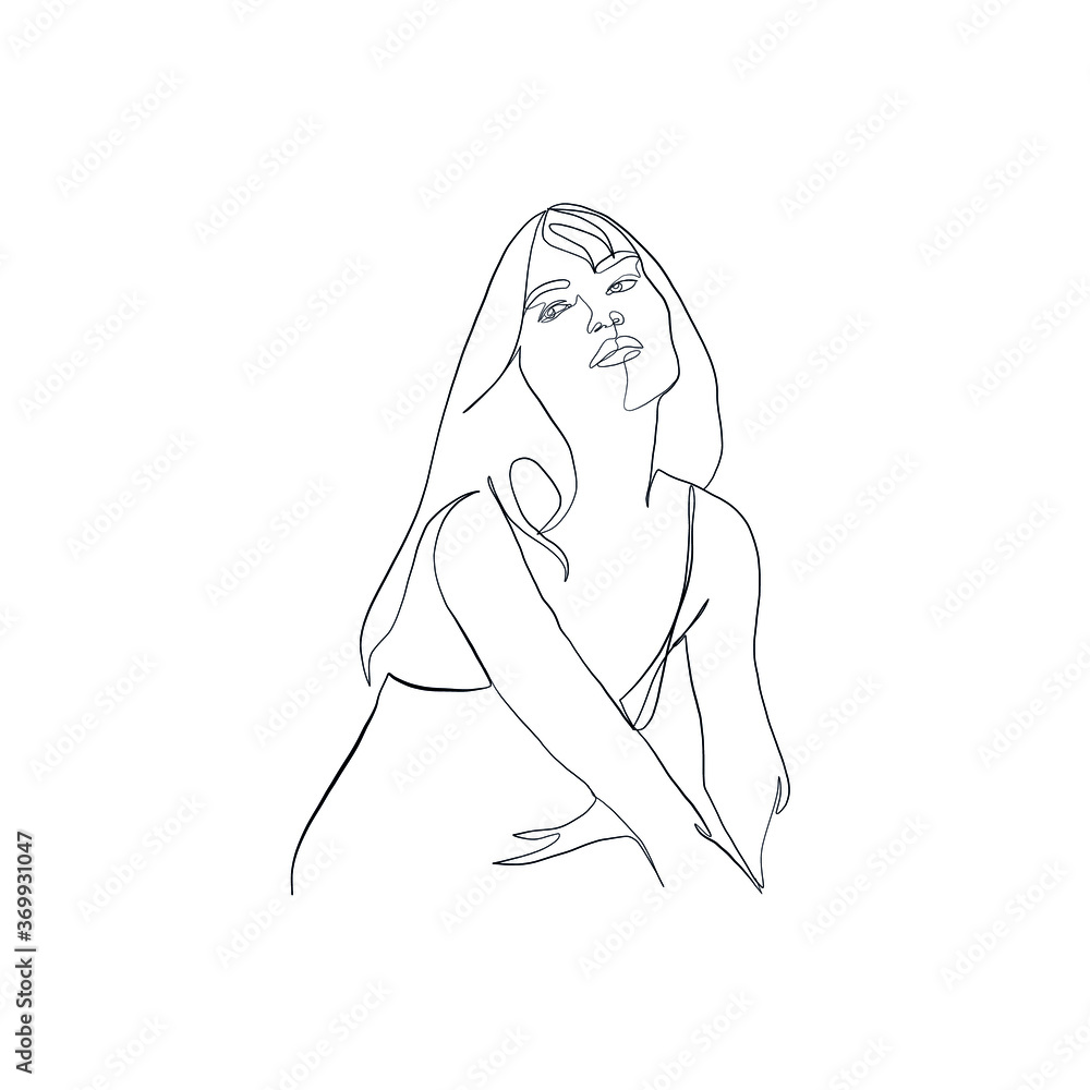 Hand drawing woman portrait drawn in one continuous line style. Linear woman. 