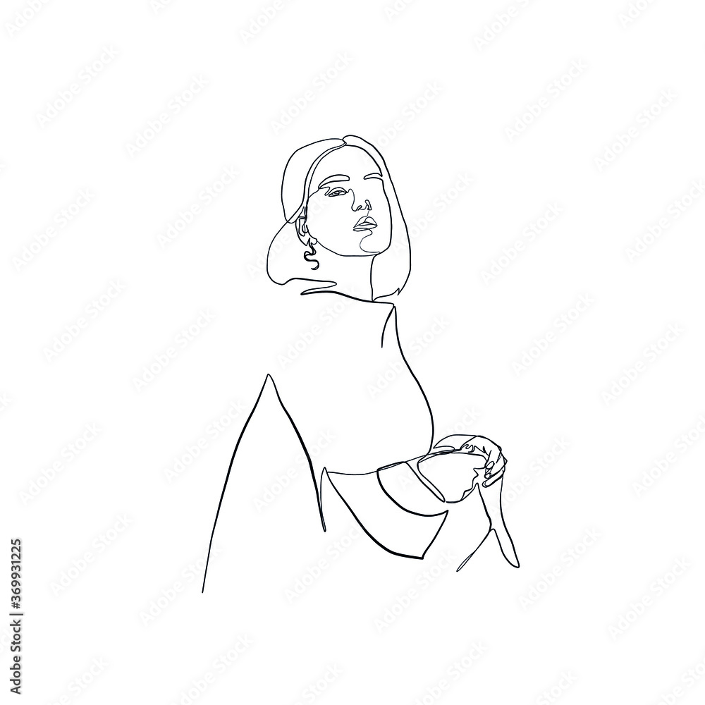 Hand drawing woman portrait drawn in one continuous line style. Linear woman. 