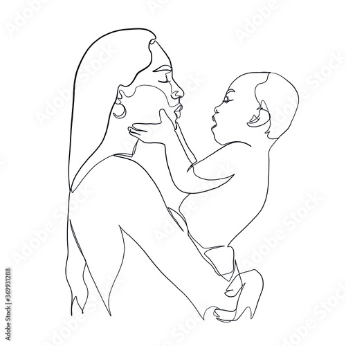 Minimal line hand drawn vector woman mother holding newborn baby in arms. Mom hugs her baby. Mother's Day. Linear sketch for maternity hospital, obstetrics, products for pregnant and newborns.
