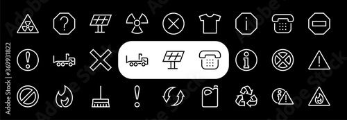 WARNINGS simple set of thin line vector icons. Contains icons such as warning, exclamation mark, reuse, warning sign and more. Editable stroke. Vector illustration