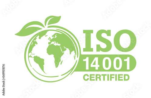 ISO 14001 certified sign - environmental management system international standard approved stamp  - green isolated vector icon