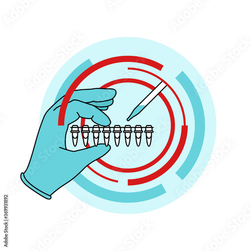 PCR test icon or logo - hand holding strip of eight tubes with reaction mixture and concentrated rings around - isolated emblem
