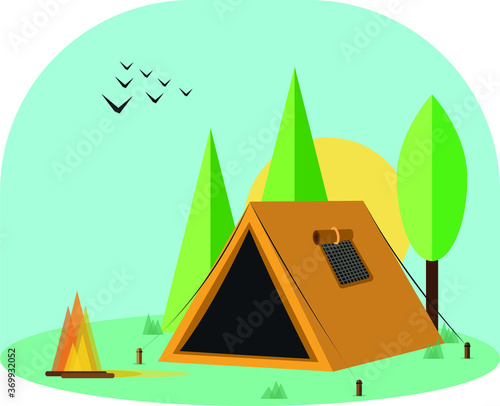 vector illustration of camping tent, campfire and birds in the middle of the forest