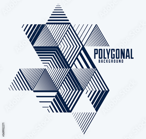 Fototapeta Naklejka Na Ścianę i Meble -  Abstract polygonal background with stripy triangles and 3D cubes vector design. Template for different advertising or covers or banners. Retro style graphic element.
