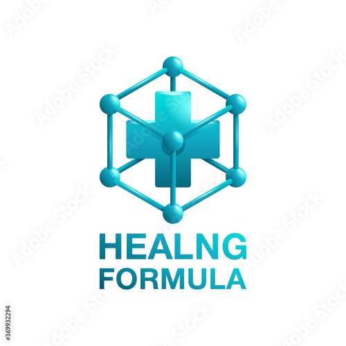 Healing formula icon - 3D emblem with molecular cell structure and medical cross - isolated vector element