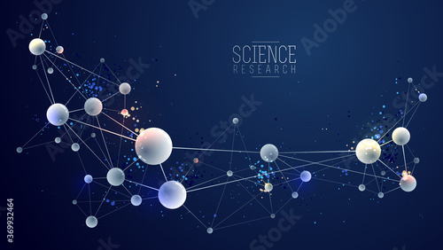 Molecules vector abstract background, 3D dimensional science chemistry and physics theme design element, atoms and particles micro nano scientific illustration.
