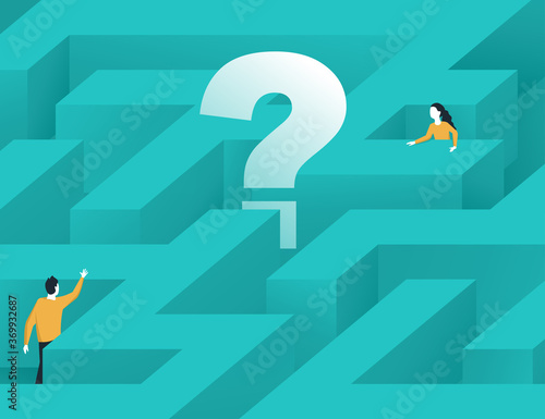 Man and woman searching for each other in a maze - family or business problem concept - isometric illustration for banner or layout