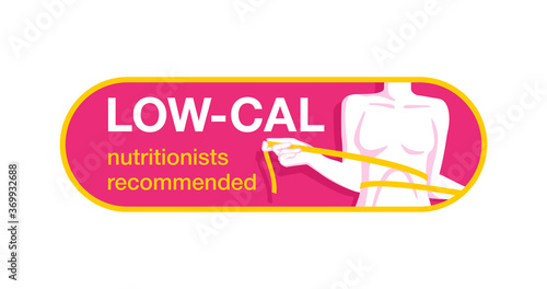Nutritionists recommended low cal - Weight loss diet food logo (isolated button) - emblem with woman silhouette with measuring tape around 