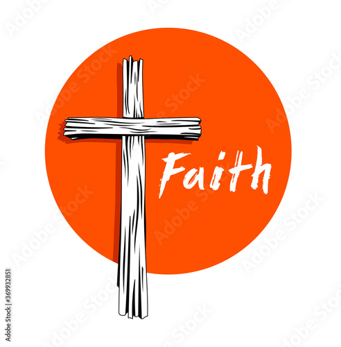 Faith concept with old wooden Christian cross vector metaphor illustration isolated on white, belief and hope, religion salvation theme.