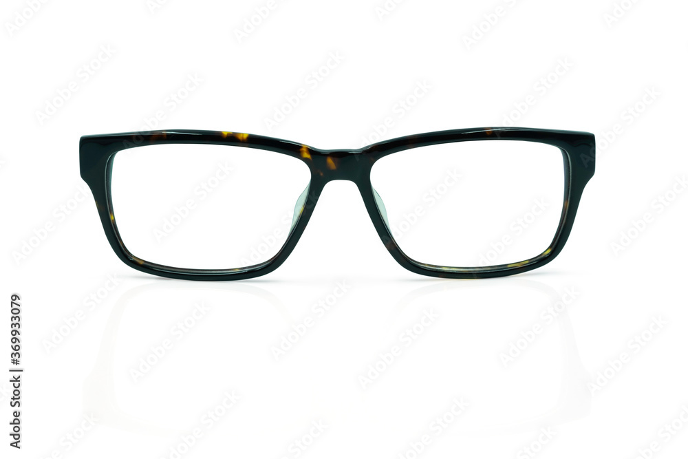 Fototapeta premium Front view of Men's eyeglasses. Brown and Black of frame plastic tortoise shell isolated on white background.