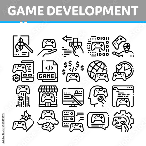 Video Game Development Collection Icons Set Vector. Game Development, Coding And Design, Developing Phone App And Web Site Concept Linear Pictograms. Monochrome Contour Illustrations