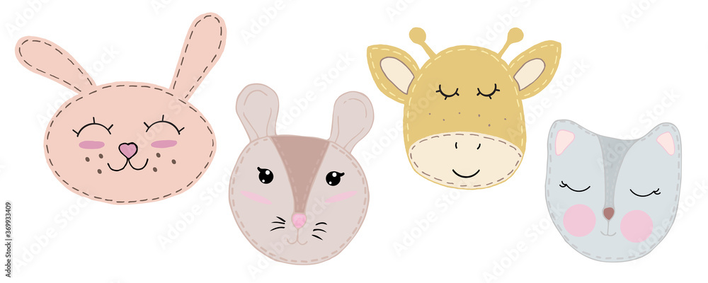 cute kawaii animal faces - mouse, cat, hare, rabbit, giraffe with closed eyes, children toy, set of vector elements with decorative stitching