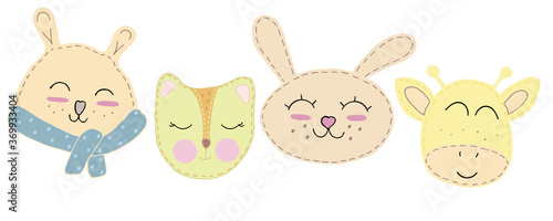 cute kawaii animal faces - bear, fox, hare, giraffe with closed eyes, children toy, set of vector elements with decorative stitching