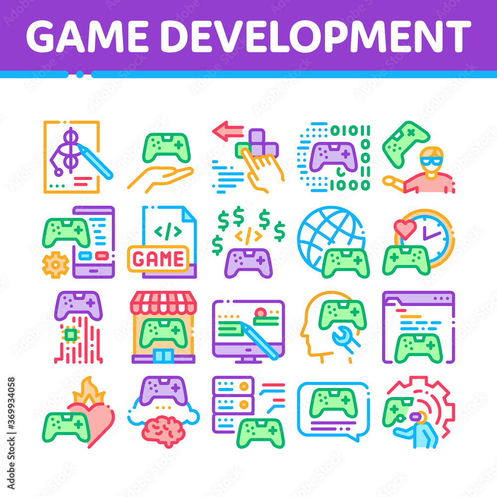Video Game Development Collection Icons Set Vector. Game Development, Coding And Design, Developing Phone App And Web Site Concept Linear Pictograms. Color Contour Illustrations