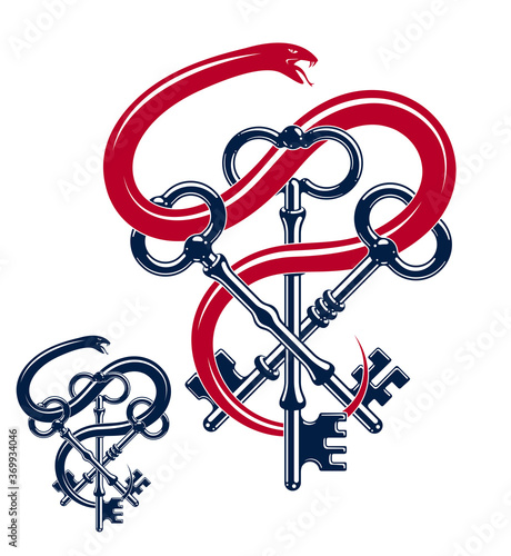 Snake wraps around vintage key, protected secret concept, turnkey and serpent old style tattoo, vector symbol logo or emblem.