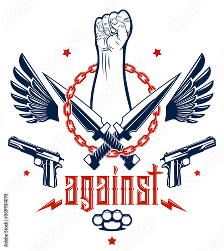 Revolution and Riot aggressive emblem or logo with strong clenched fist, weapons and different design elements , vector tattoo, anarchy and chaos, rebel partisan and revolutionary.