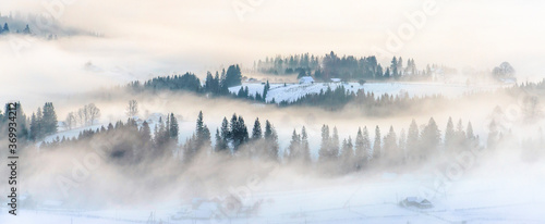 Winter landscape with mist on mountain hills panoramic view, banner