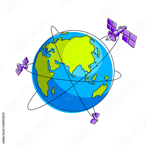 Global communication technology satellites flying orbital spaceflight around earth, spacecraft space stations with solar panels and satellite antenna plate. Thin line 3d vector illustration.