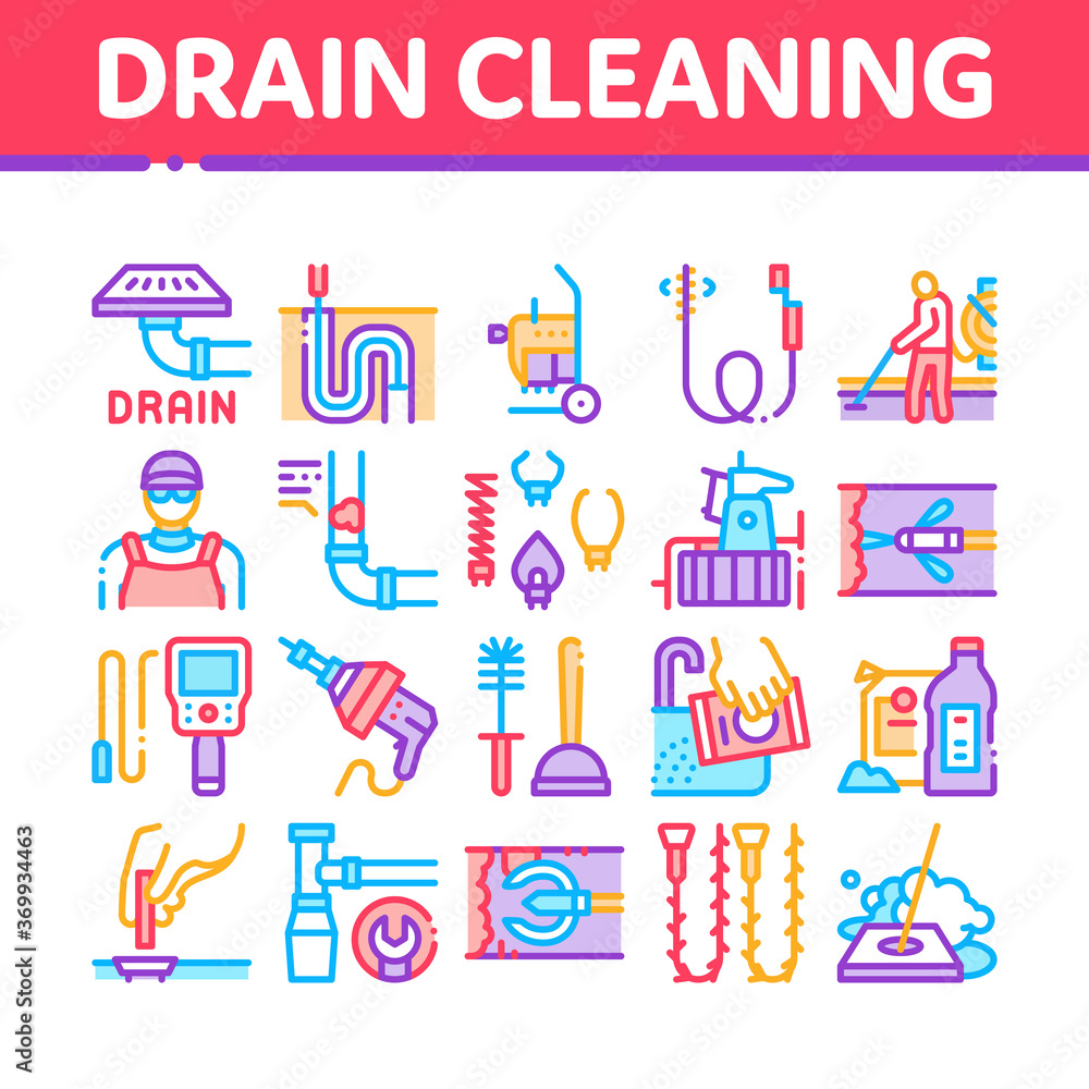 Drain Cleaning Service Collection Icons Set Vector. Drain System Clean Equipment And Agent Cleanser, Worker Cleaner Plumber Concept Linear Pictograms. Color Contour Illustrations