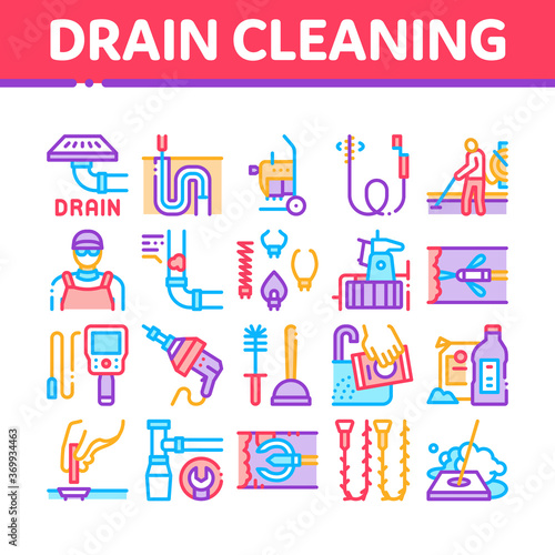Drain Cleaning Service Collection Icons Set Vector. Drain System Clean Equipment And Agent Cleanser, Worker Cleaner Plumber Concept Linear Pictograms. Color Contour Illustrations