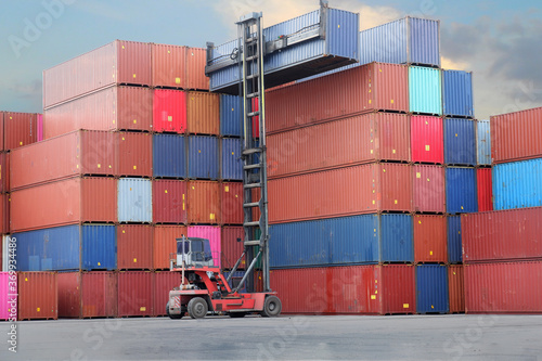 Cargo full of blue and red container trucks, copy, import, export, logistics, business, trade, economy, trade.