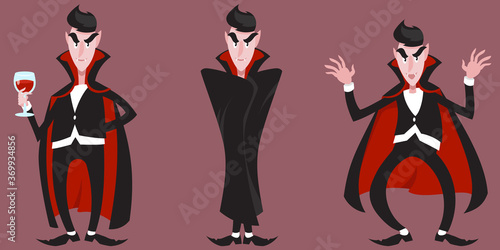 Count Dracula in different poses. Halloween character in cartoon style.