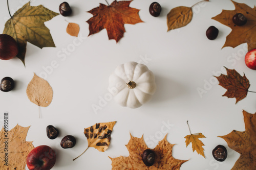 Autumn, fall composition. Beautiful background of dried leaves. Creative autumn pattern, postcard. Flat lay, top view.