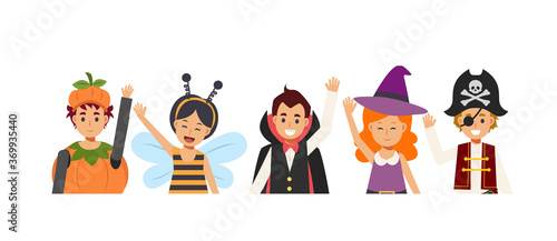 Children in variety Halloween costume are happy and enjoy. smile and wave. Pumpkin,bee,Dracula vampire,with,Pirate.