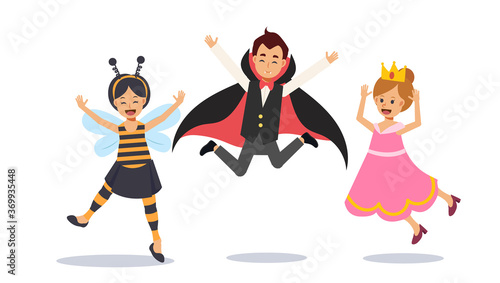 Cute Young children in Halloween costume are jumping up, Happy kids jumping. Dracula vampire,bee,princess. Flat character Vector illustration.