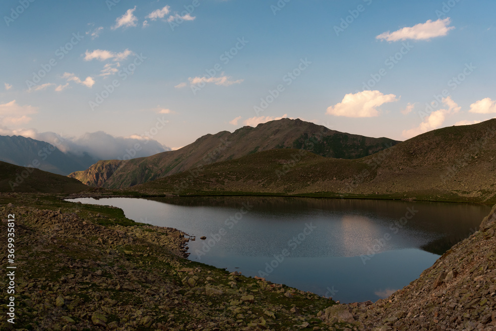 High-mountain lake Shobaidak in the Mukhinsky gorge of the Teberda biosphere reserve