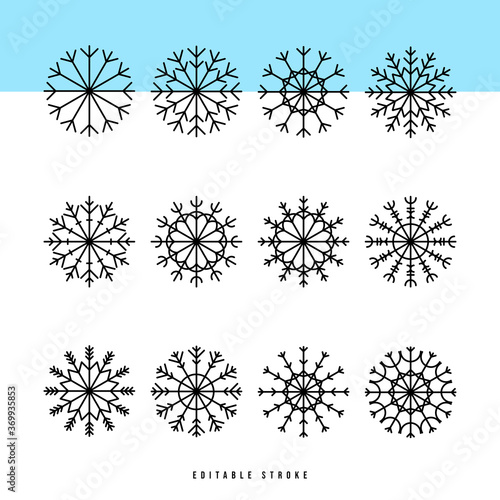 Snowflake thin line icons set. Outline web sign kit of snow. Winter linear icon collection as crystal, hexagon, ice, snowy pattern. Editable stroke without fill.