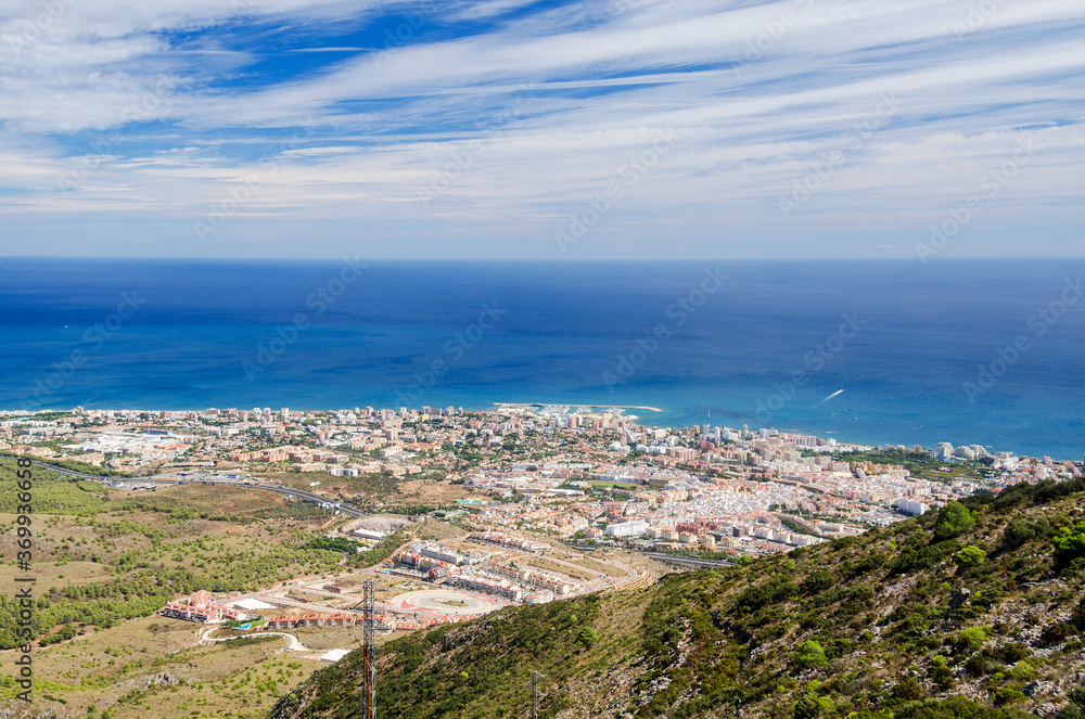 Aerial view on the Mediterranean sea and Benalmadena town. Provence of Malaga, Costa del Sol, Andalusia, Southern Spain