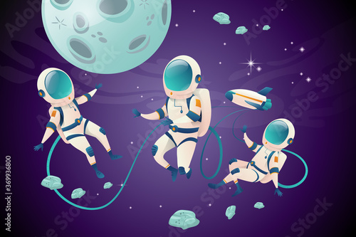 Set of cartoon astronauvts character in open space
