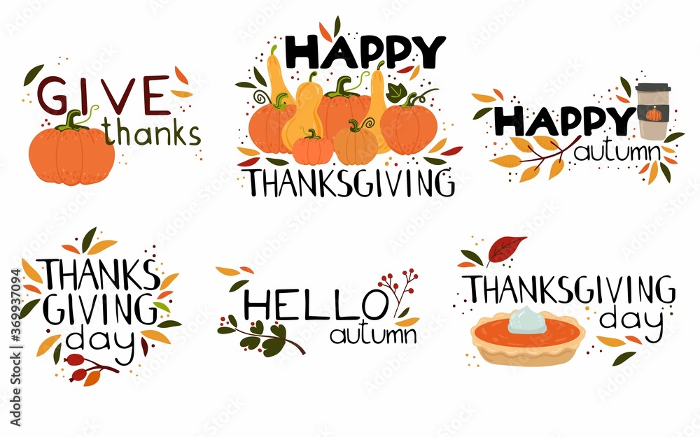 Fototapeta premium Happy thanksgiving day lettering collection. Harvest pumpkin with text, handwritten phrases with seasonal design elements isolated flat vector doodle set for postcard poster and labels