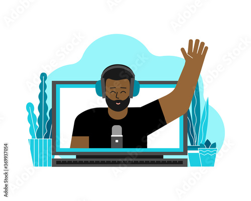 Vector flat concept with laptop and african american man (on screen) at home recordind video on webcam. Remote work by bloggers, podcast hosts, teachers using online stream servises in quarantine