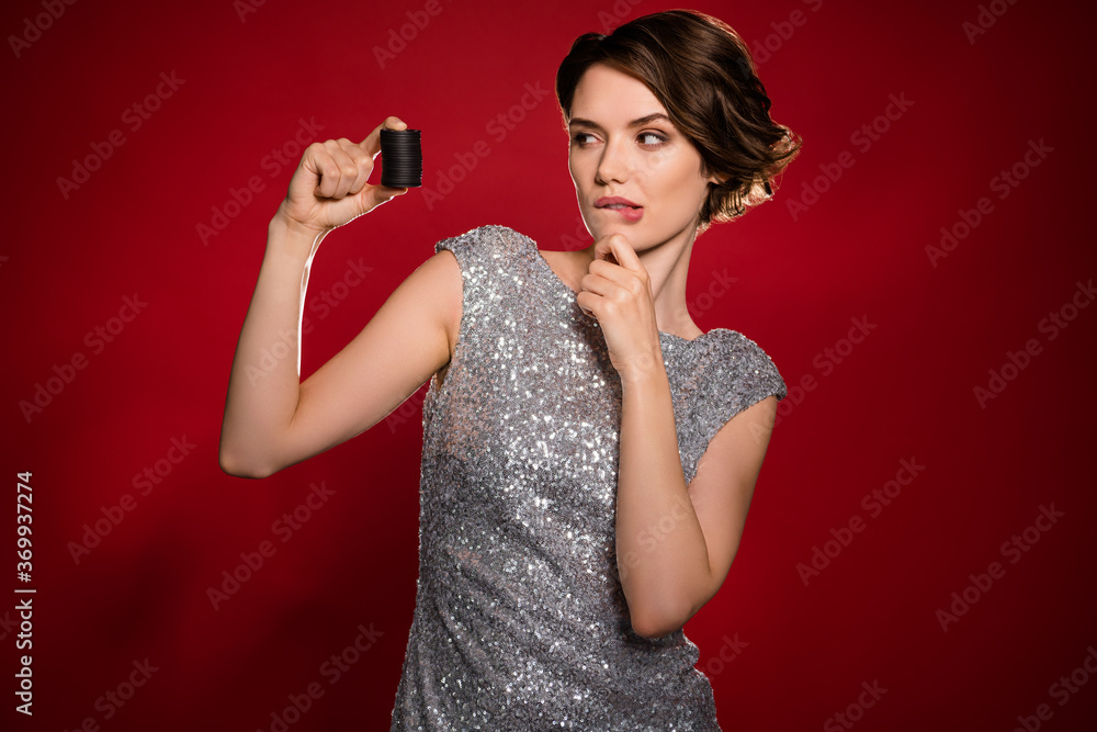 Photo of tender lady vegas casino club member player hold pile chips bet thoughtful not sure combination will win wear shine grey dress isolated burgundy gradient dark red color background Photo of tender lady vegas casino club member player hold pile chips bet thoughtful not sure combination will win wear shine grey dress isolated burgundy gradient dark red color background