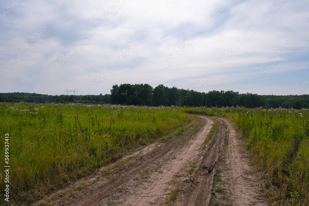 Rural landscape. Field and country road in countryside with blurred road after rain. Russia.
