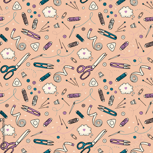 Seamless pattern with sewing tools. Vector  illustration for cover, fabric, wrapping paper