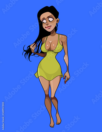 beautiful cartoon woman in dress walks barefoot