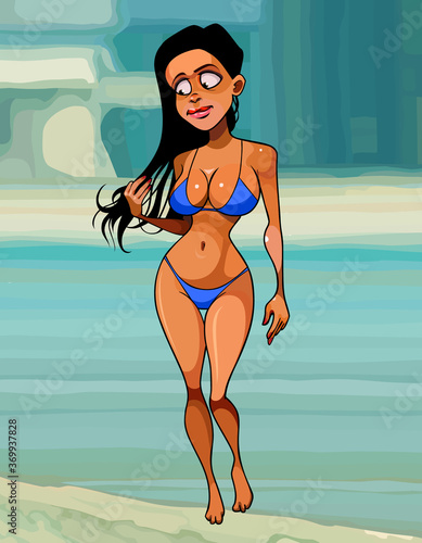 beautiful cartoon woman with long hair in a blue swimsuit steps