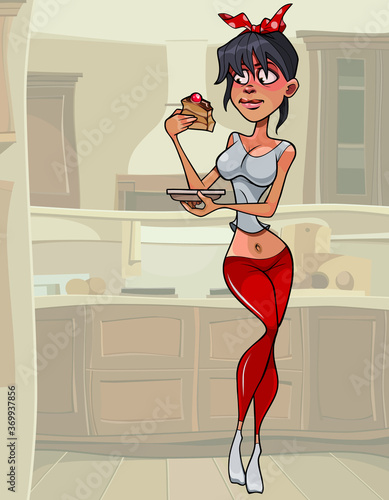 cartoon slender woman holding a piece of cake in her hand