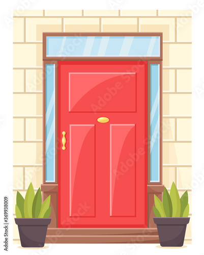 vector illustration of a red entrance door. stone brick white wall. exterior design with pot and green plants.brown frame and steps.element of architecture.