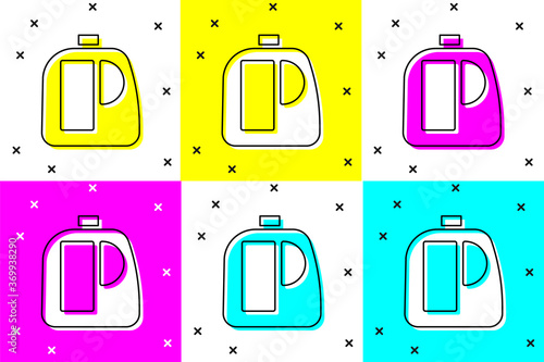 Set Plastic bottles for laundry detergent, bleach, dishwashing liquid or another cleaning agent icon isolated on color background. Vector Illustration.