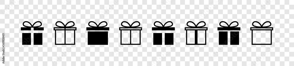 Gift. Gift box collection with ribbons. Christmas gift icons, isolated. Surprise box vector icons in a row. Vector illustration - obrazy, fototapety, plakaty 