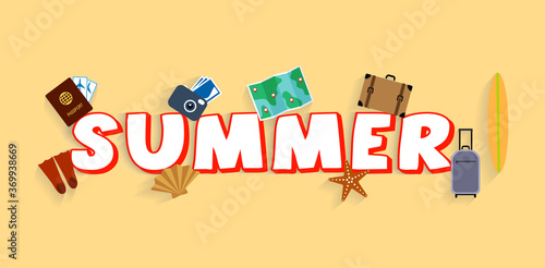 inscription summer with icons of the given theme vector illustration