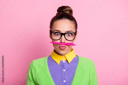 Cuadro en lienzo Photo of crazy careless high school girl have pen lips nose want comic joke her
