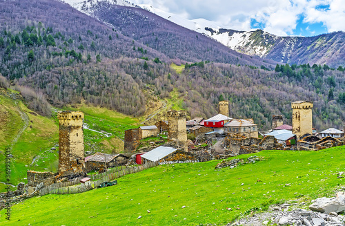 The Svan towers in mountains, Murqmeli village, Ushguli, Svaneti, Georgia photo